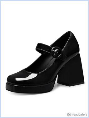 Women's Mary Jane Pumps Closed Toe Chunky Block Heel Faux Leather